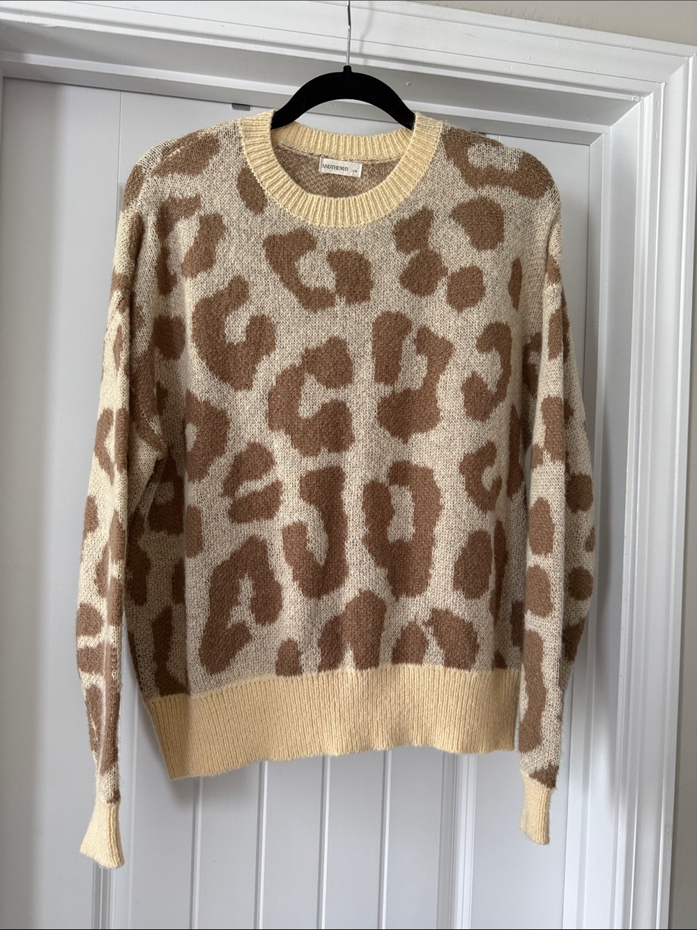 Leopard-Print Crewneck Sweater in Cream and Brown